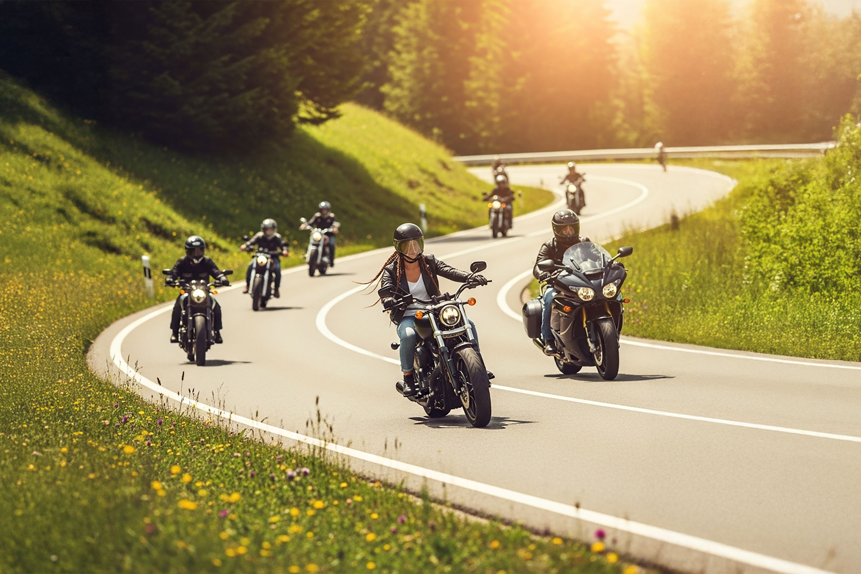 Motards en groupe sur une route de montagne